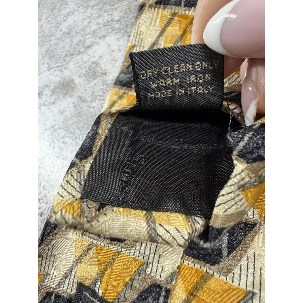 Ermenegildo Zegna 100% Silk Tie Mens One Size Gold Geometric Jacquard Necktie